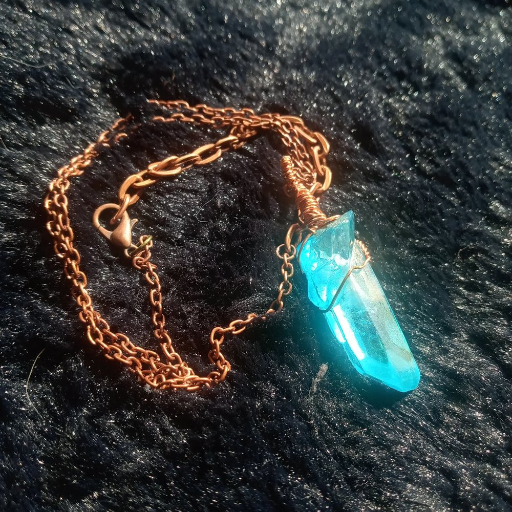 Aqua Aura Quartz Twin Crystal Point Necklace